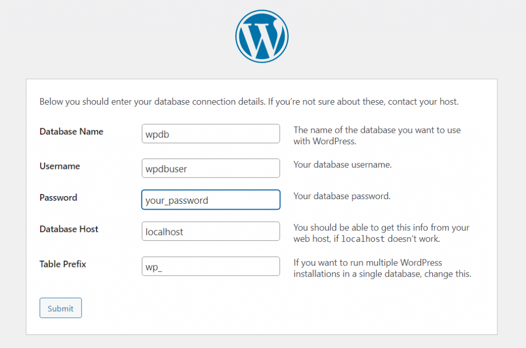 Install WordPress on Windows 10 WSL - database information