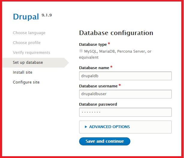Install Drupal on Windows 10 WSL-Drupal-database-details