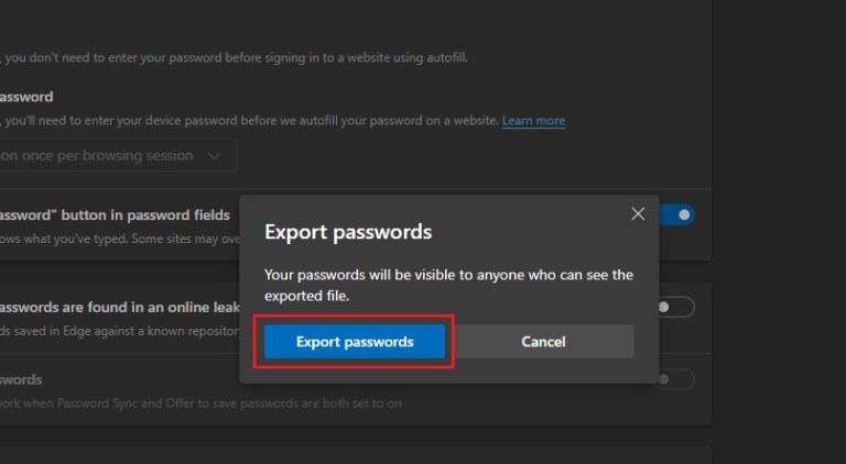 After that, click on the Export passwords button from pop-up screen as shown in the below image :